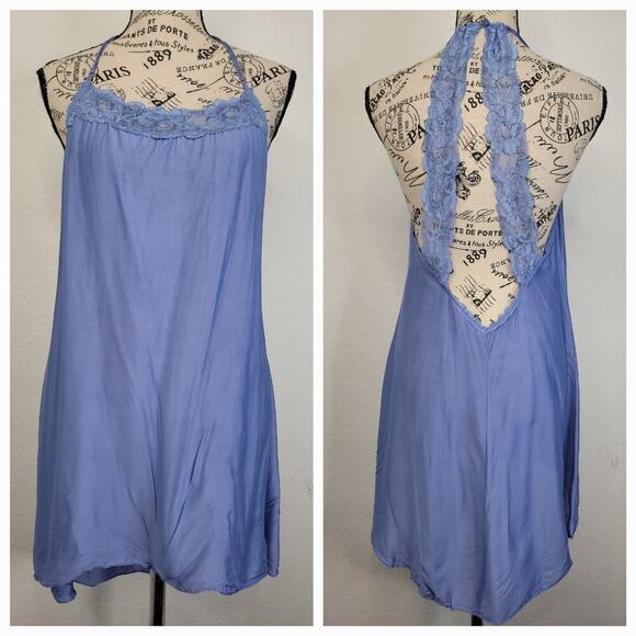 Victorias Secret Satin Mini Dress Womens Sz M Lace Trim 90's Fairy Blue Purple - Picture 1 of 16